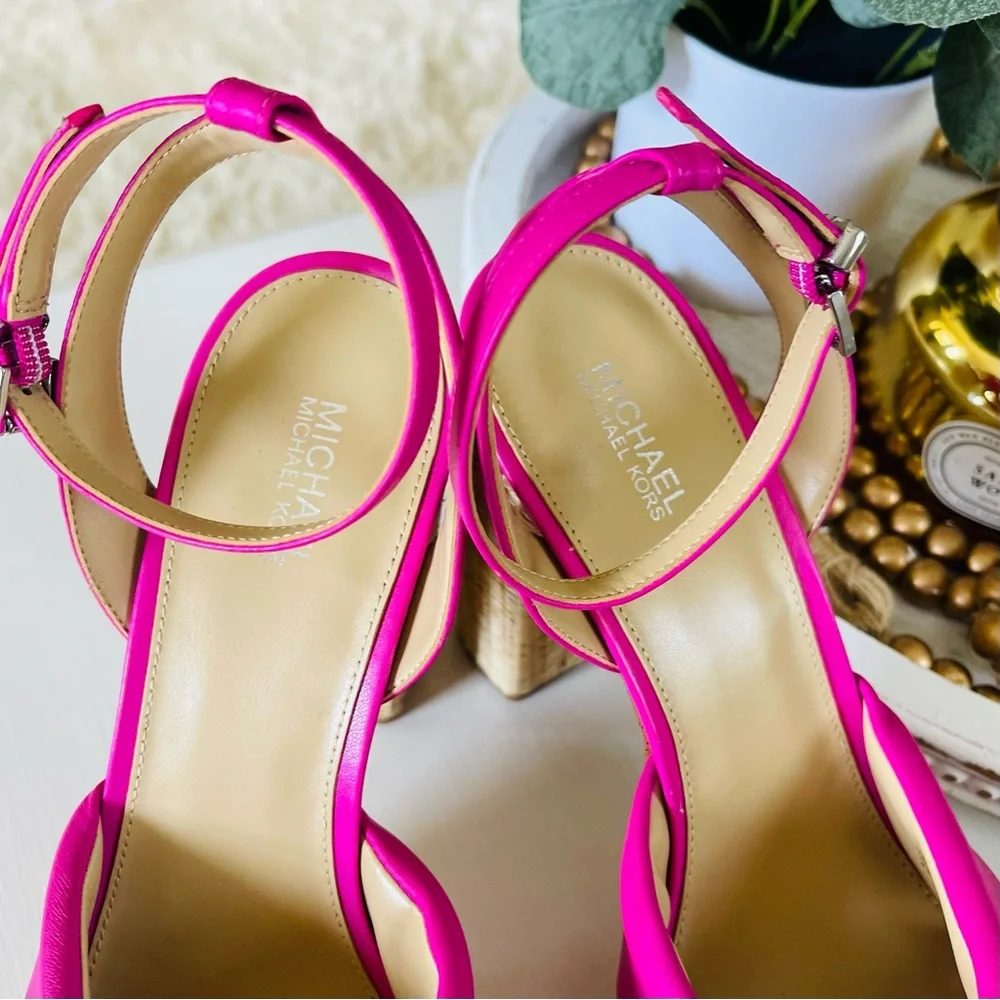 MICHAEL KORS Sadie Platform Leather Bow High Heeled Sandals Magenta Pink 8.5 - Picture 5 of 15